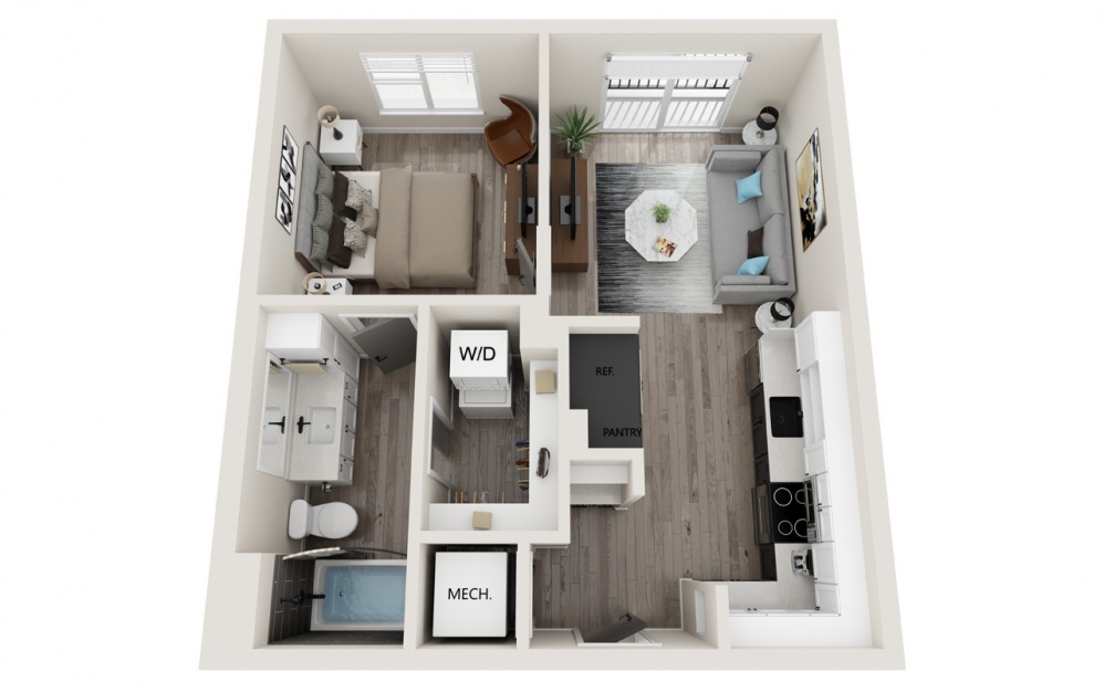 A2 - 1 bedroom floorplan layout with 1 bath and 575 to 630 square feet.